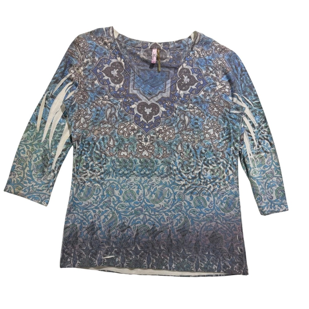 Kiara Blue Paisley Print Embellished Sleeve Top Size Large